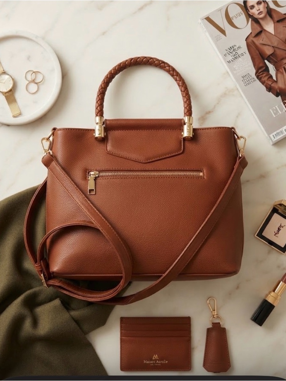 Miztique Cognac Brown Vegan Leather Satchel with Braided Handle and Strap
